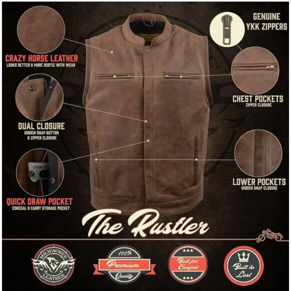 Milwaukee Leather Size XXL Crazy Horse Leather Vest W/ Gun Pocket & Dual Closure - Picture 4 of 10